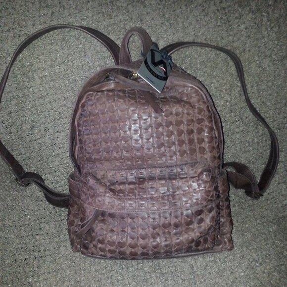 VALENTINA-Woven Brown Leather Traditional Shape Backpack/Knapsack-GORGEOUS! NWT